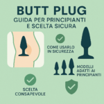 Infografica educativa su butt plug per principianti, con illustrazioni anatomiche e consigli di sicurezza su sfondo verde pastello.
