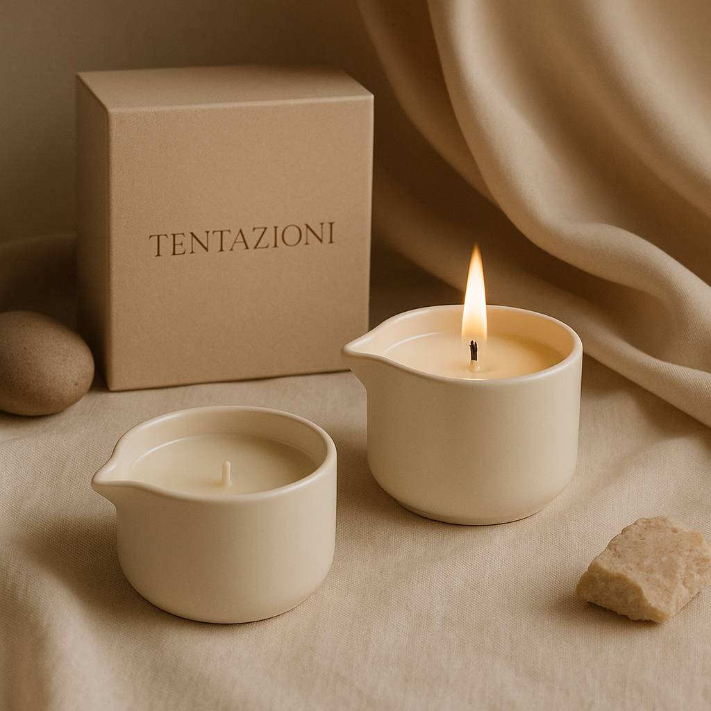 candele da massaggio su tavolo elegante con atmosfera rilassante