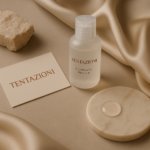 Una selezione di lubrificanti naturali su fondo elegante, stile soft e minimal, brand Tentazioni Velate