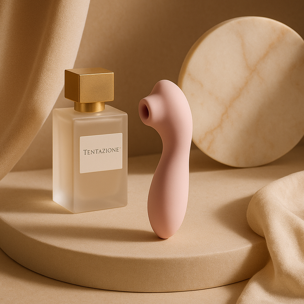 Massaggiatore clitorideo soft appoggiato su lenzuola bianche e morbide