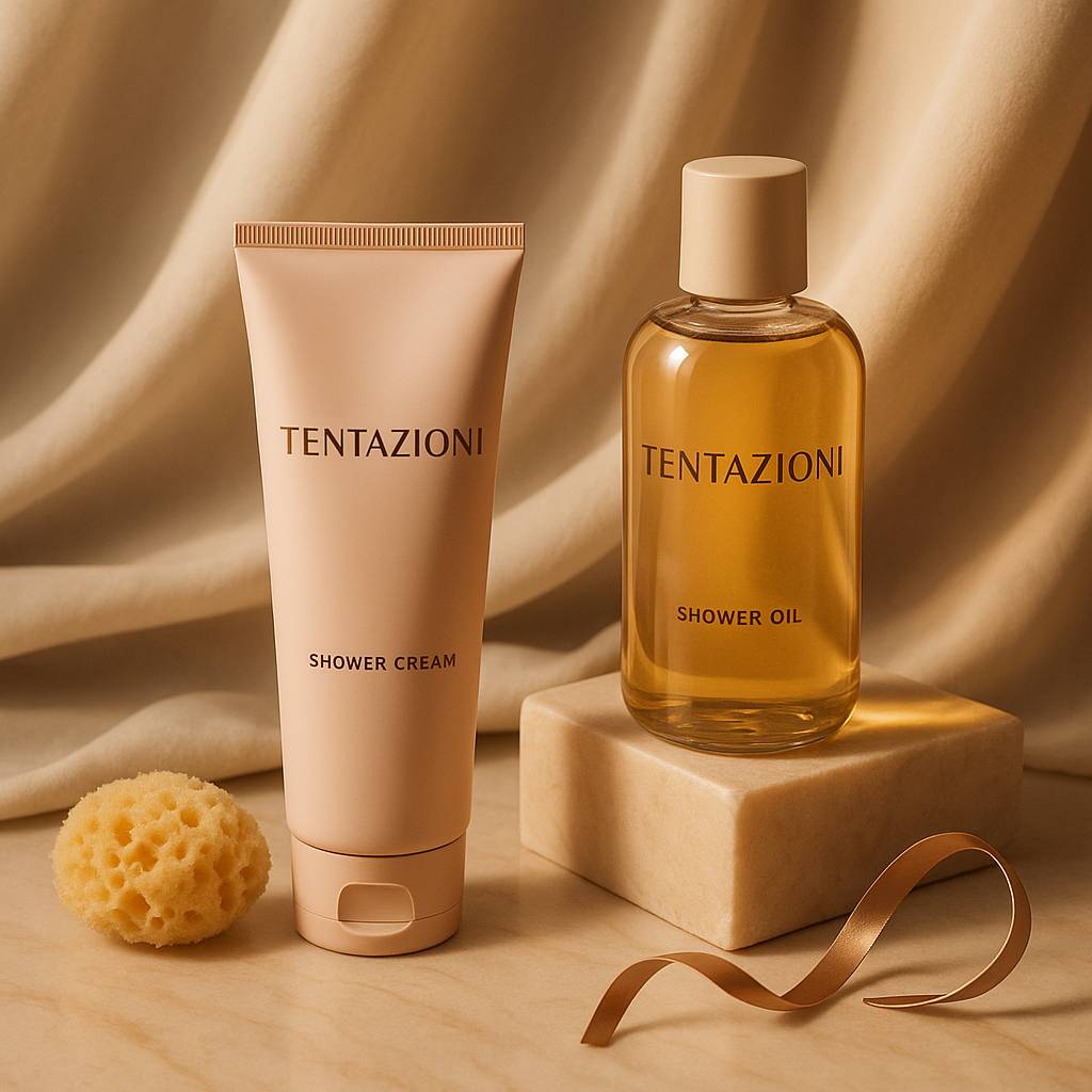 prodotti sensuali per la doccia elegantemente disposti in bagno