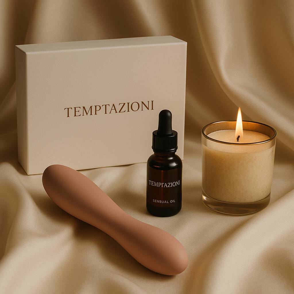 prodotti sensuali per momenti speciali disposti su sfondo elegante minimal