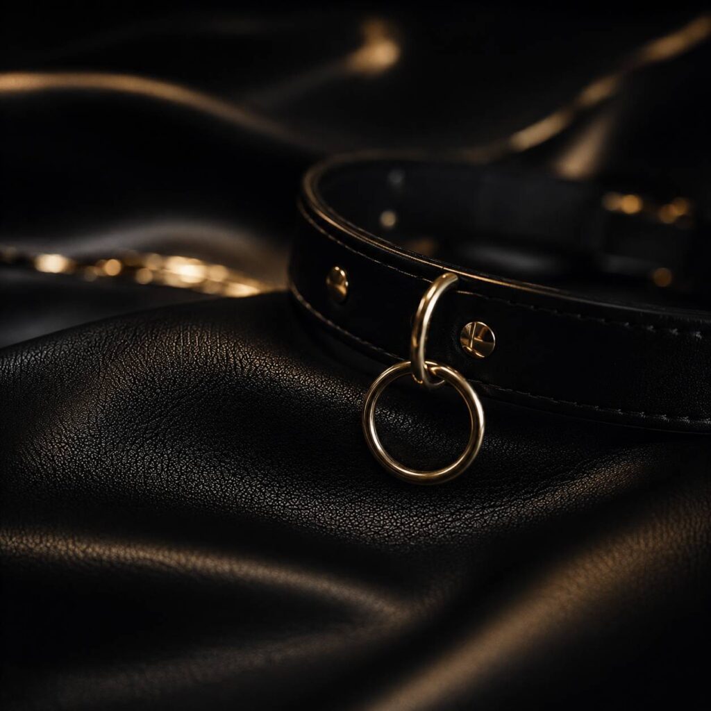 Collare Fetish: Significato, Simbolismo e Ruolo nelle Dinamiche di Coppia 4 collare fetish premium in ecopelle nera morbida con anello metallico dorato, illuminazione soffusa e atmosfera elegante minimal, dettagli sfocati cinematici su sfondo dark luxury.