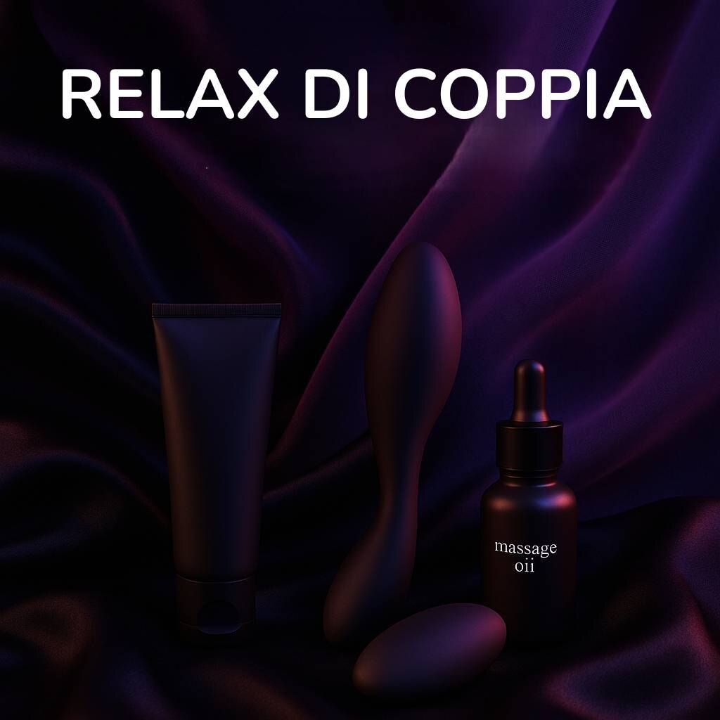 prodotti sensuali per il relax di coppia disposti su sfondo elegante e soft