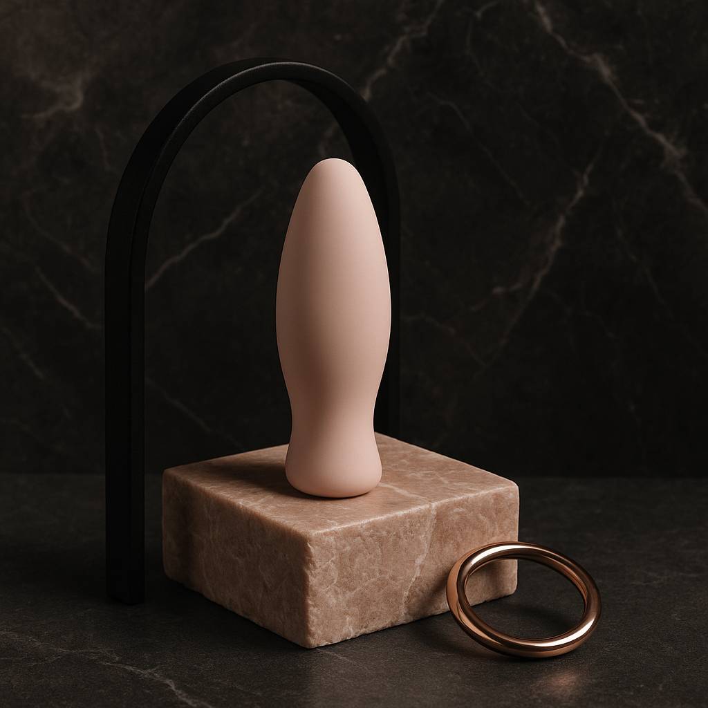 Sex toy silenziosi premium disposti elegantemente su fondo scuro