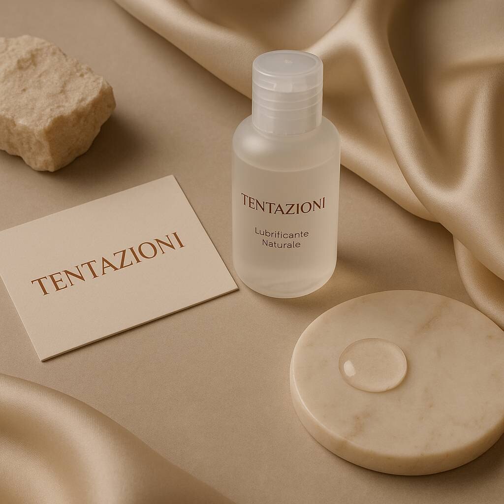 Una selezione di lubrificanti naturali su fondo elegante, stile soft e minimal, brand Tentazioni Velate